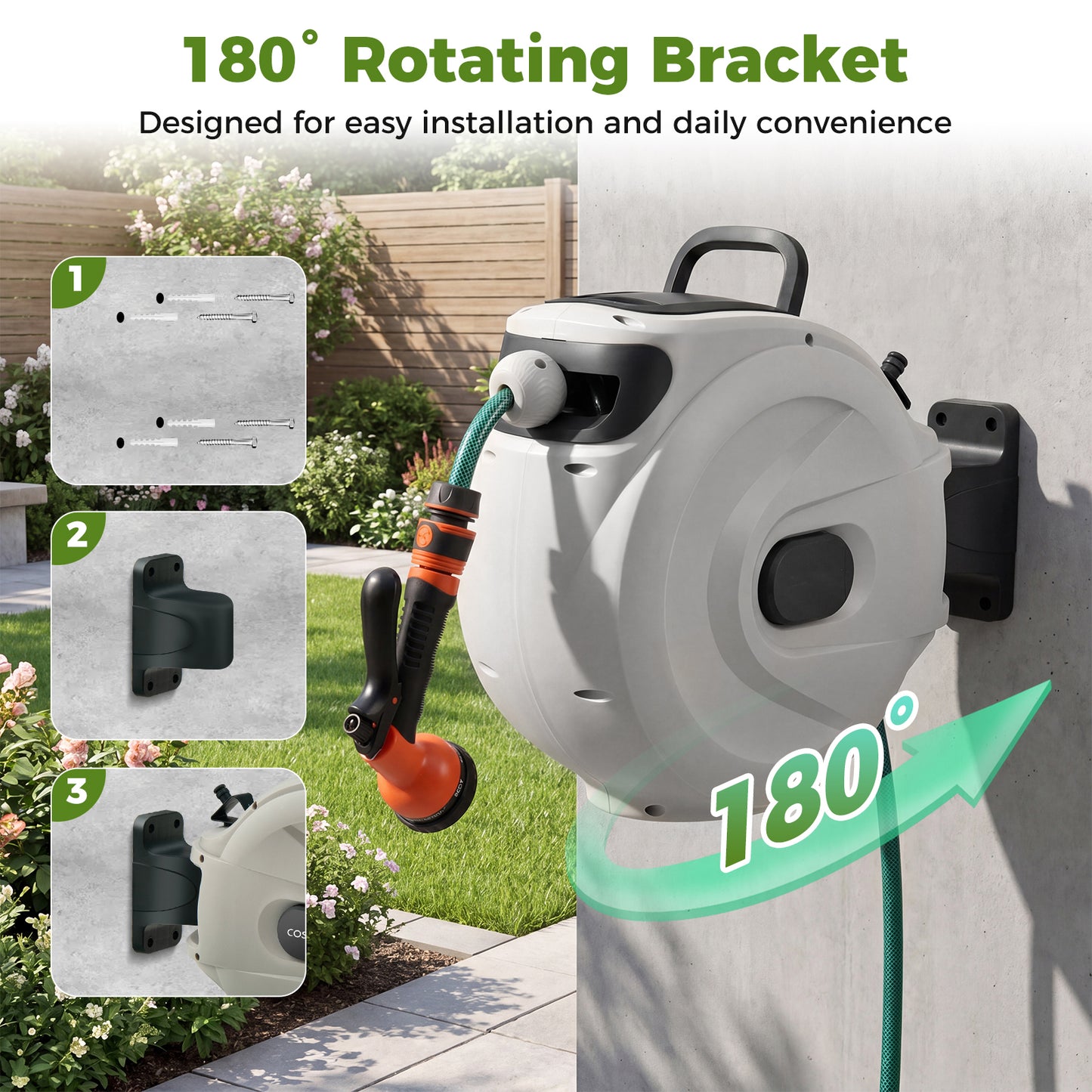 Retractable Garden Hose Reel 1.5 cm x 15 m Heavy Duty Wall Mount Hose Reel-White