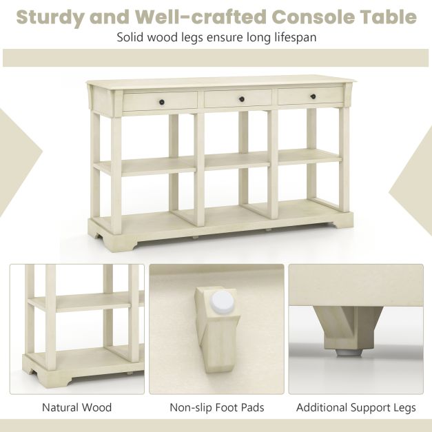 Retro Console Table with 3 Drawers and Open Shelves-White