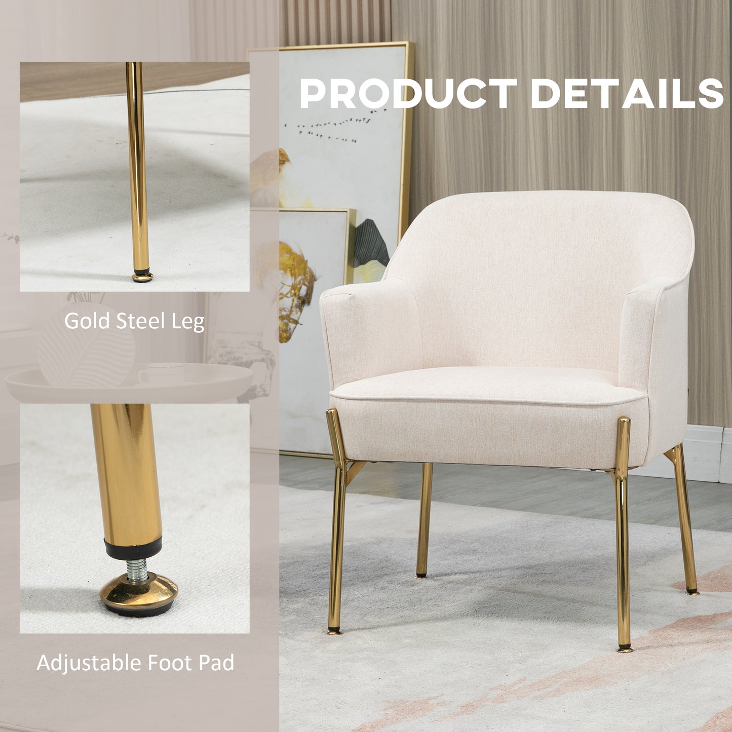 HOMCOM Accent Chair, Living Room Armchair, Vanity Chair with Gold Plating Metal Legs and Soft Padded Seat for Bedroom and Café, Set of 2, White