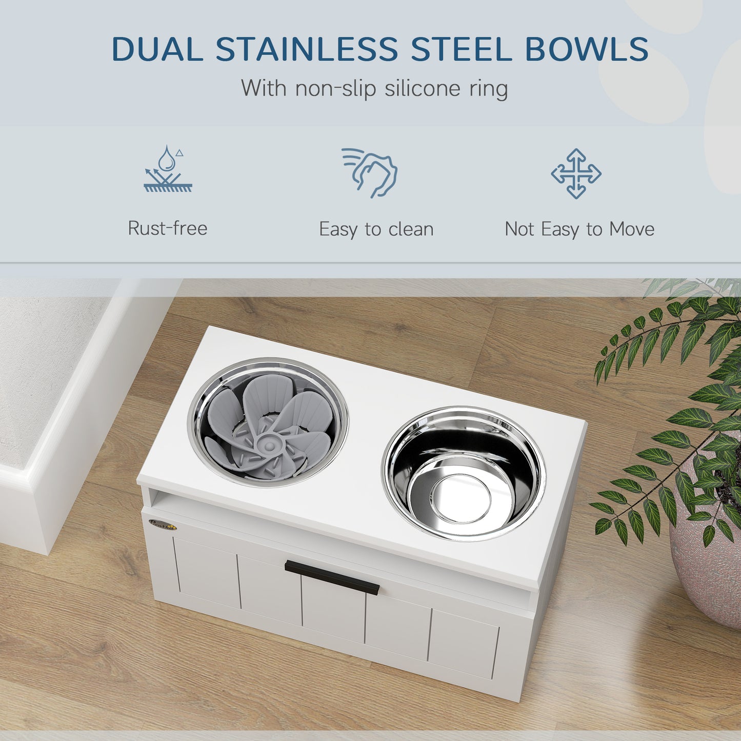 PawHut Raised Dog Bowl with Slow Feeder, Two Stainless Steel Dog Bowls, Drawer, for Large and Extra Large Dogs, White