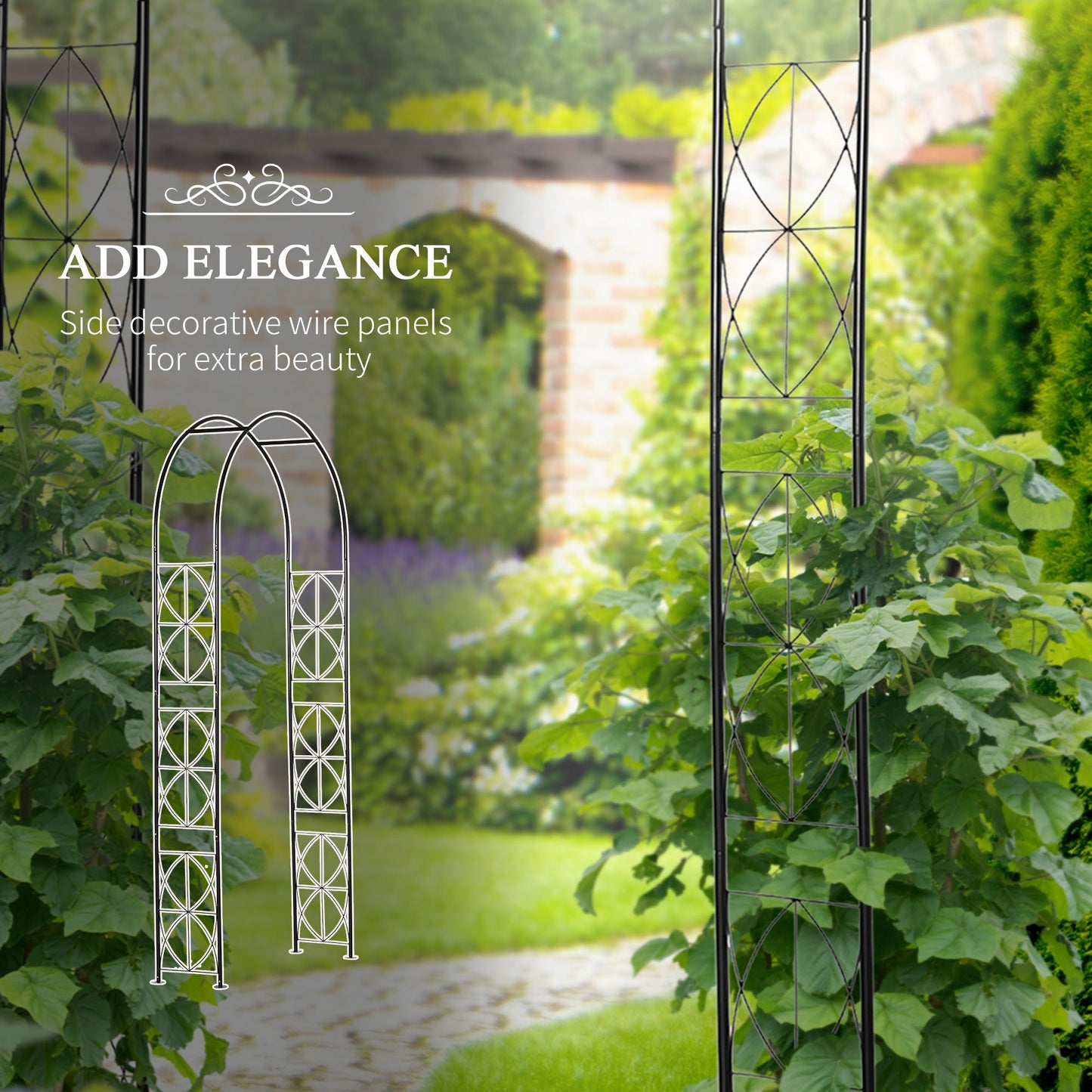 Outsunny Vintage Style Steel Garden Patio Outdoor Arbor & Trellis Arch Support For Vines & Climbing Plants Decoration - Black 2.3H m