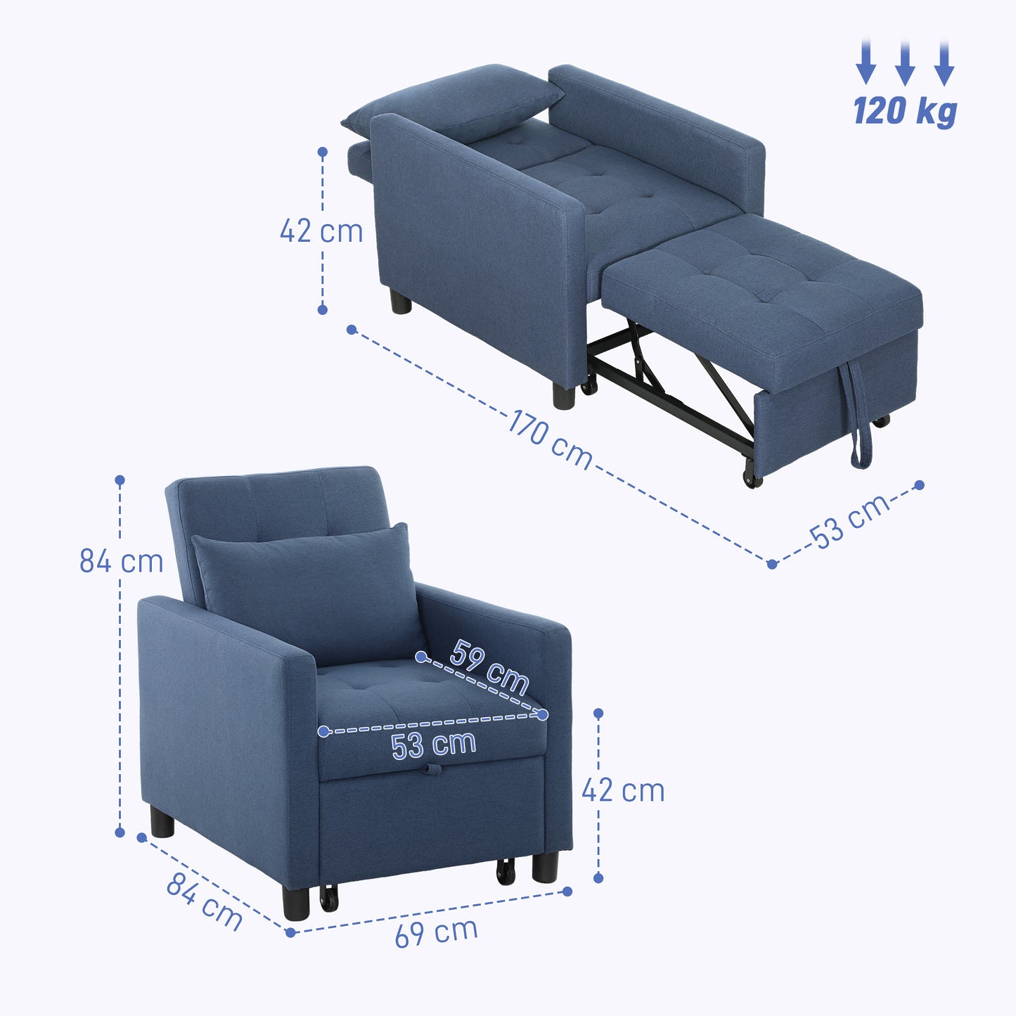 HOMCOM 3-In-1 Chair Bed, Convertible Sleeper Chair with Adjustable Backrest, Pillow and Footrest for Living Room, Blue