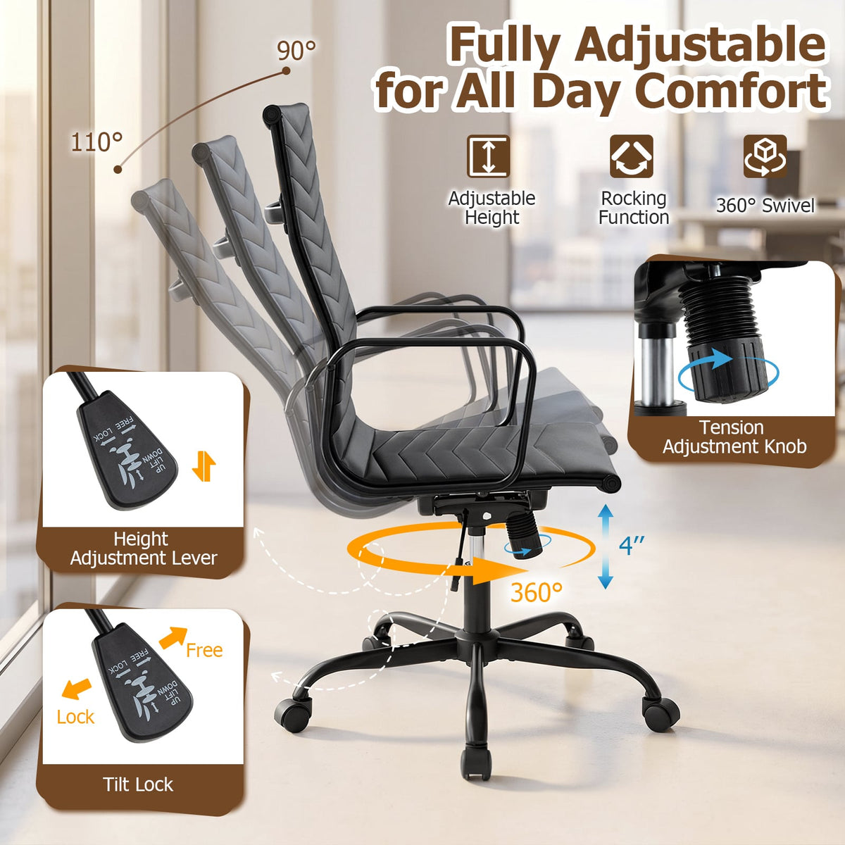 Ribbed Office Chair High Back PU Leather for Home Office with Adjustable Height-Black