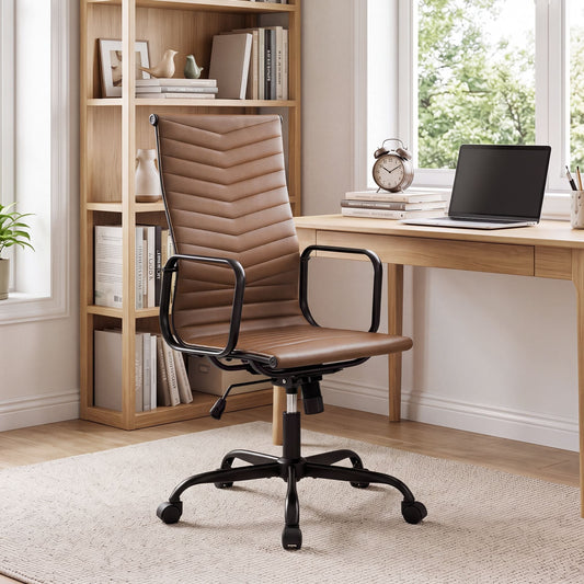 Ribbed Office Chair High Back PU Leather in Brown, image 2