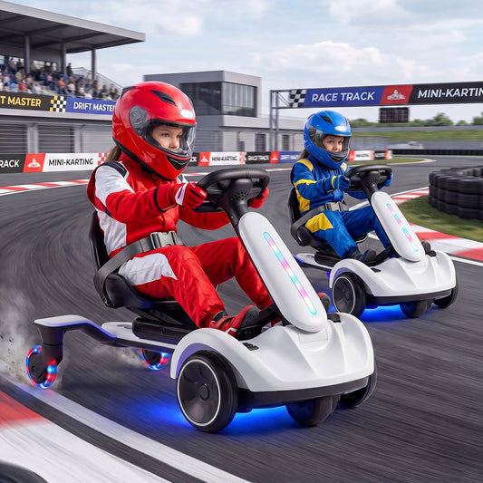 Ride on Drift Car for Kids 2-In-1 Go Kart with Adjustable Seat Sound LED Lights-White