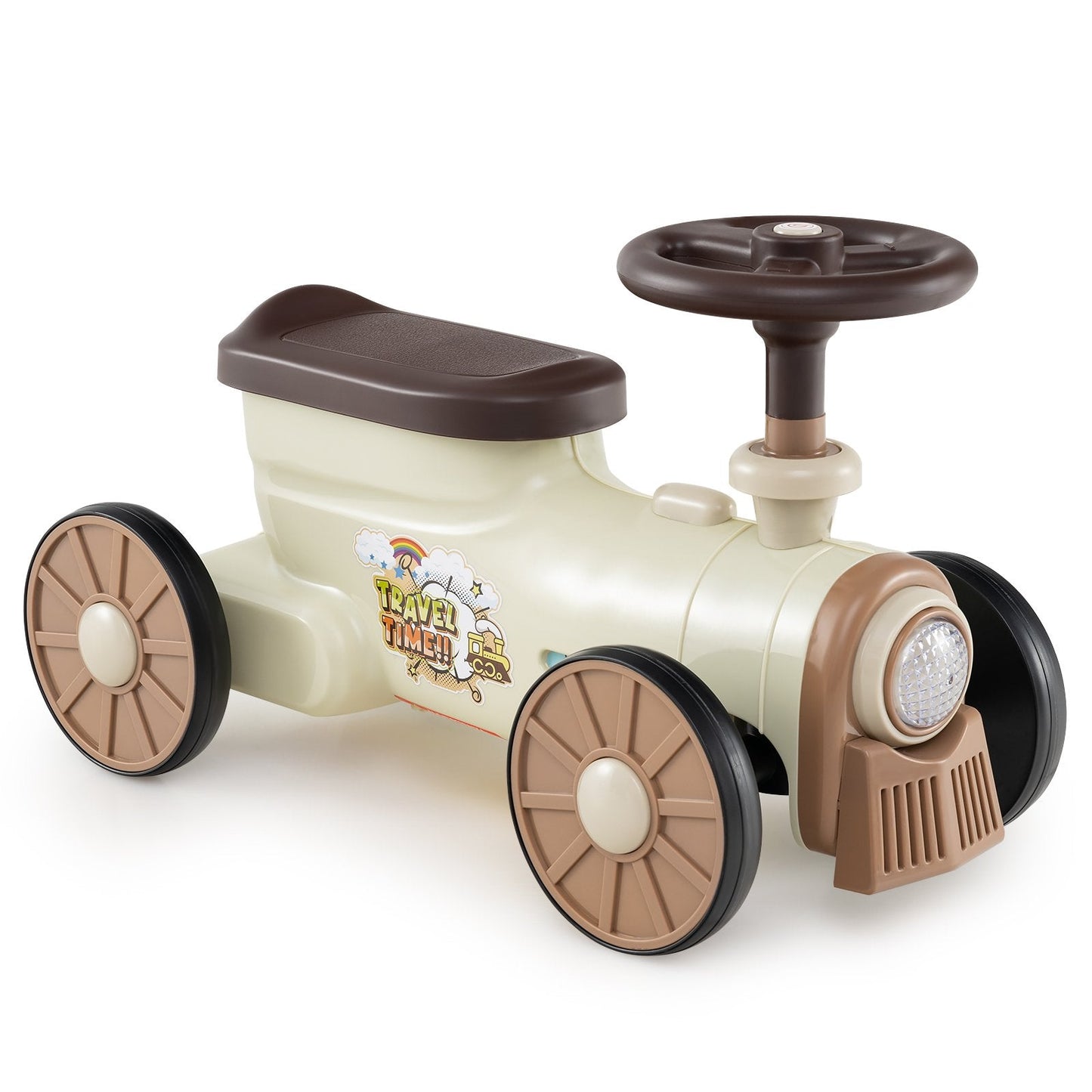 Ride on Push Car Train with Sound Button and Storage Compartment-Beige