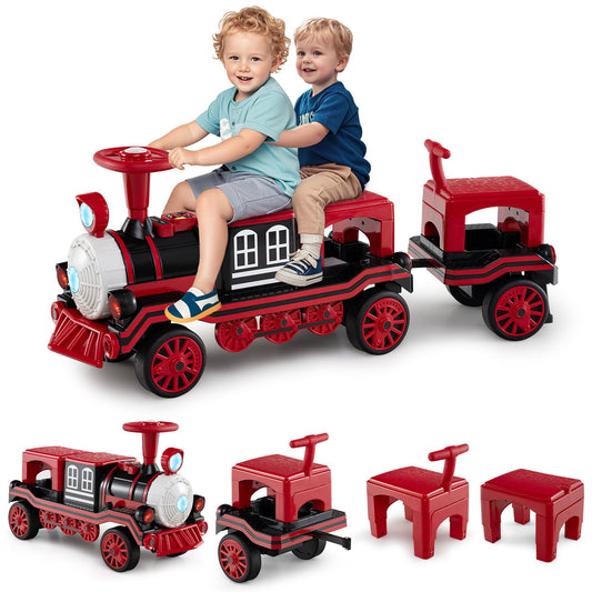 3-Seater 12V Ride on Train Set Trackless with 2 Removable Chairs-Red