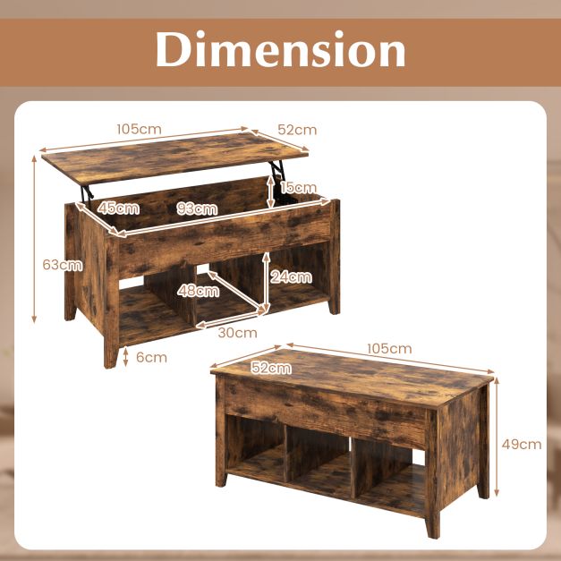 Rising Center Table with Lift Top Hidden Compartment-Rustic Brown