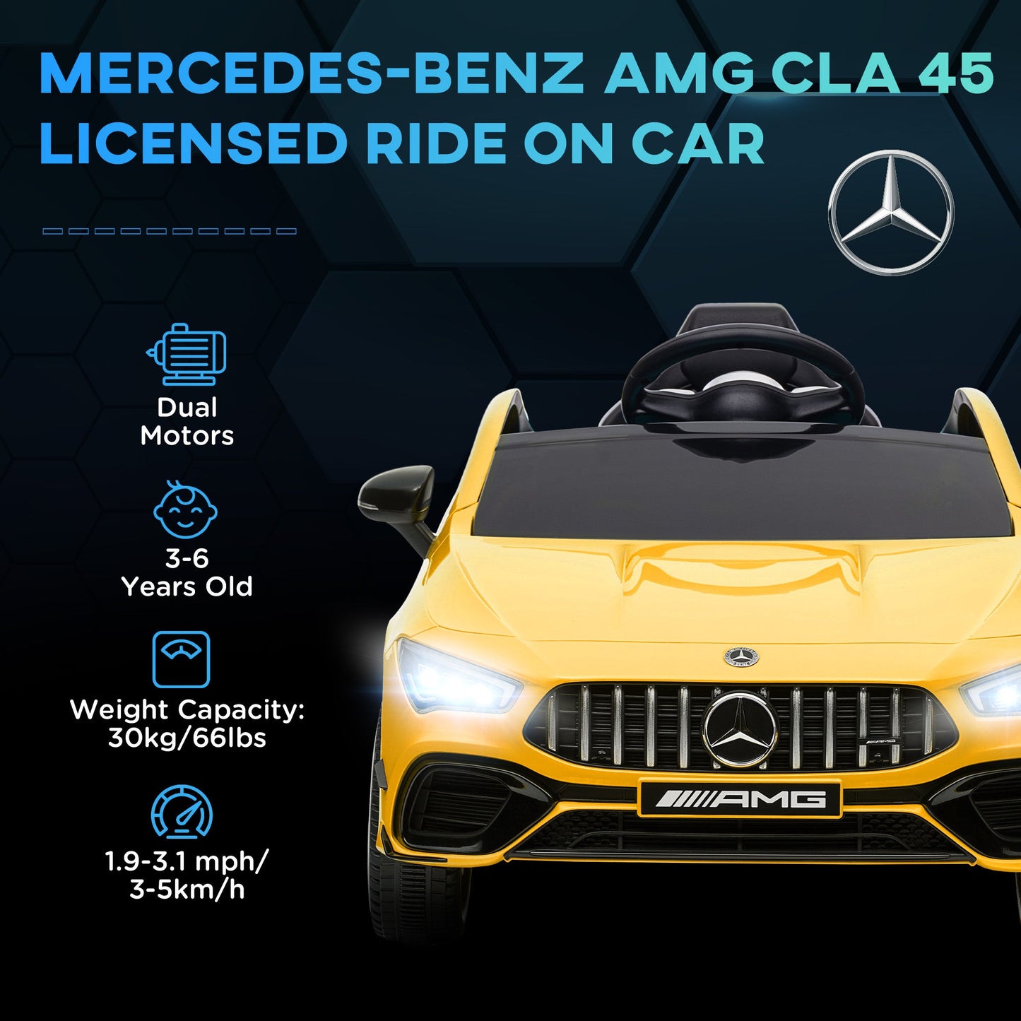 AIYAPLAY Mercedes-Benz AMG CLA 45 Licencjonowany 12V Elektryczny Samochód Dla Dzieci Jeździk z Pilotem, Światła Zawieszenia, Klakson Muzyczny - Żółty