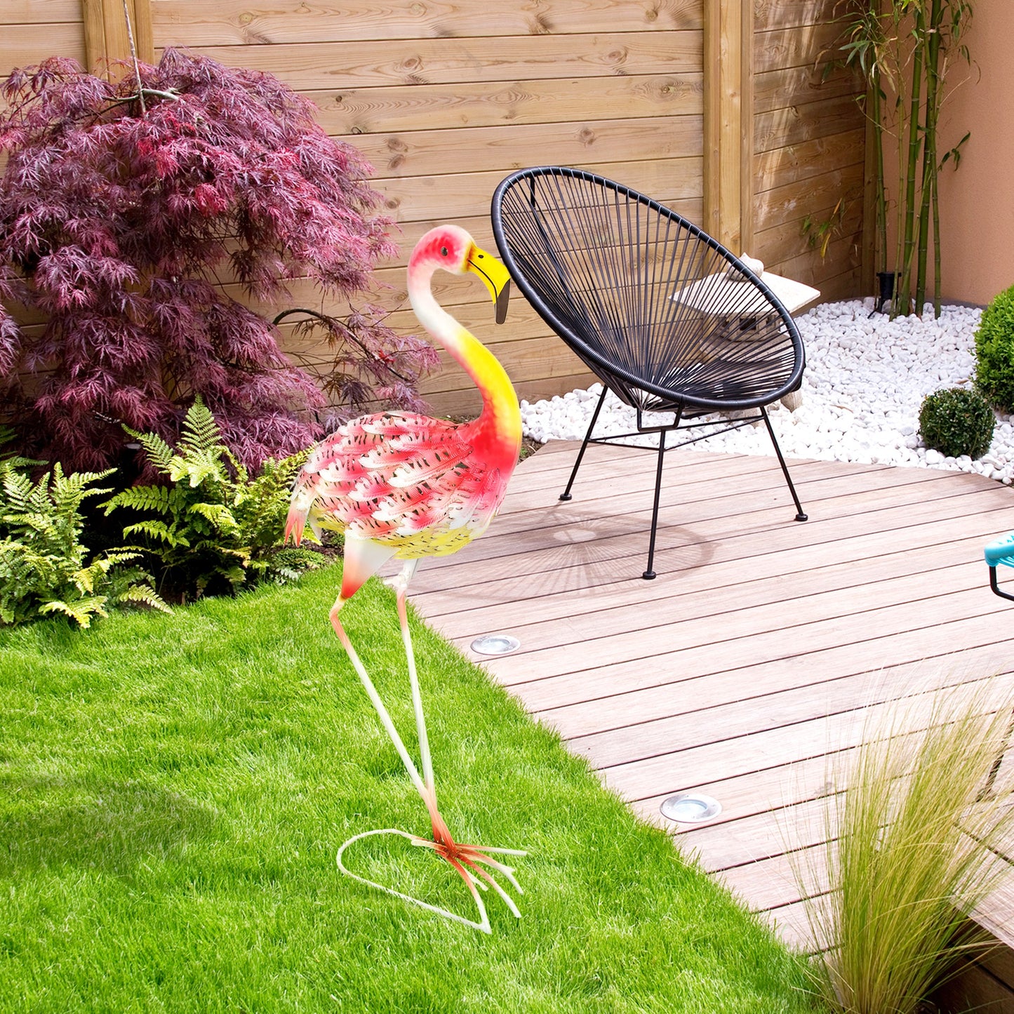 Outsunny Flamingo Garden Statue Ornament, Metal Bird Art Outdoor Statue, Stojąca rzeźba ogrodowa Prezent z kołkami do wbijania w ziemię do dekoracji krajobrazu stawu, Różowa