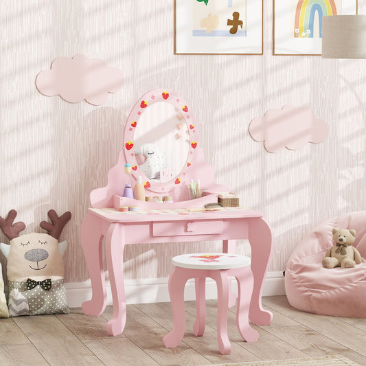 AIYAPLAY Kids Dressing Table Set, Vanity Table with Stool, Mirror, Drawer, Desktop, Storage, Strawberry-Theme, Pink