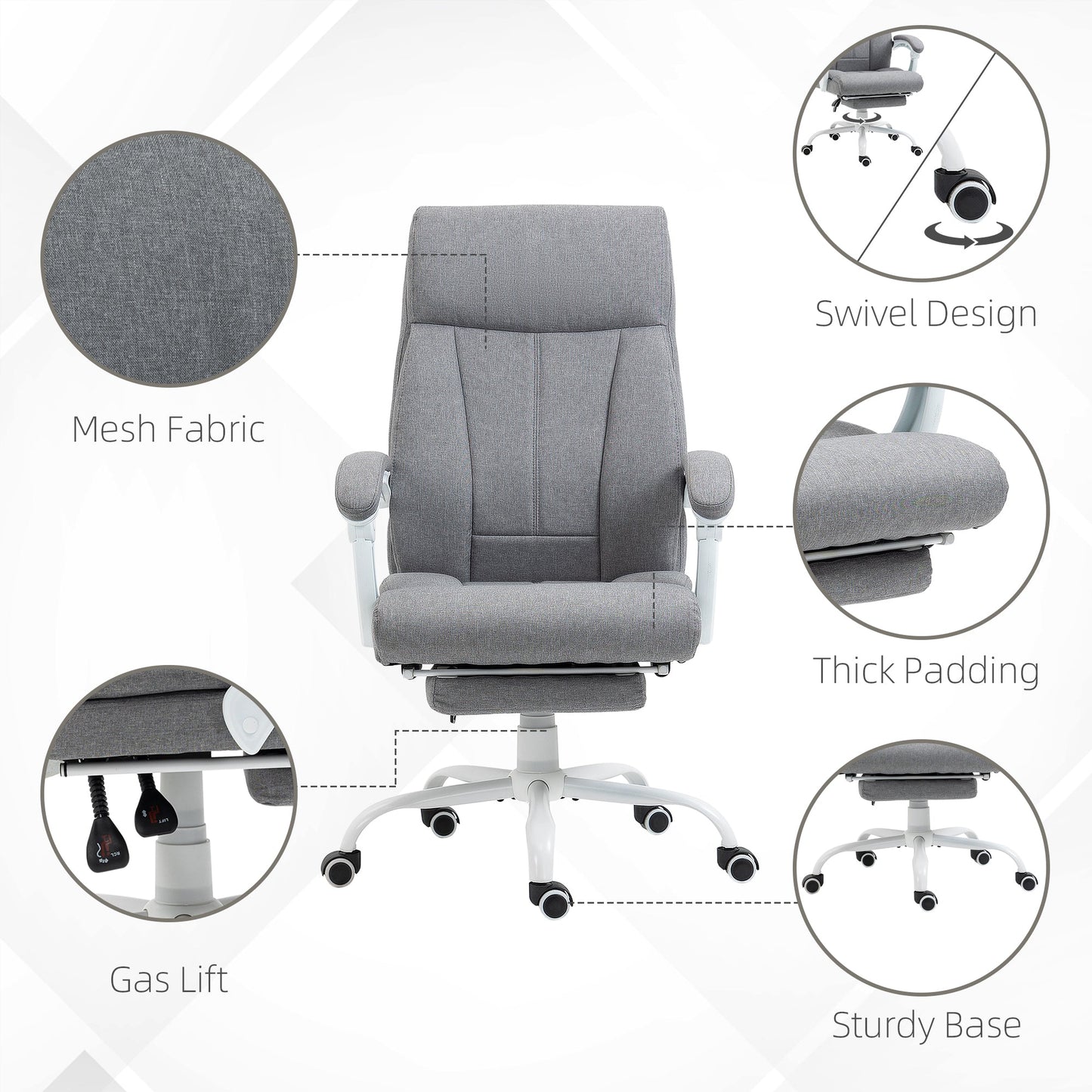 Vinsetto Office Chair, Ergonomic Desk Chair, Fabric Work Study Chair with 155 Reclining Back and Footrest, Adjustable Height and Swivel Wheels, Grey