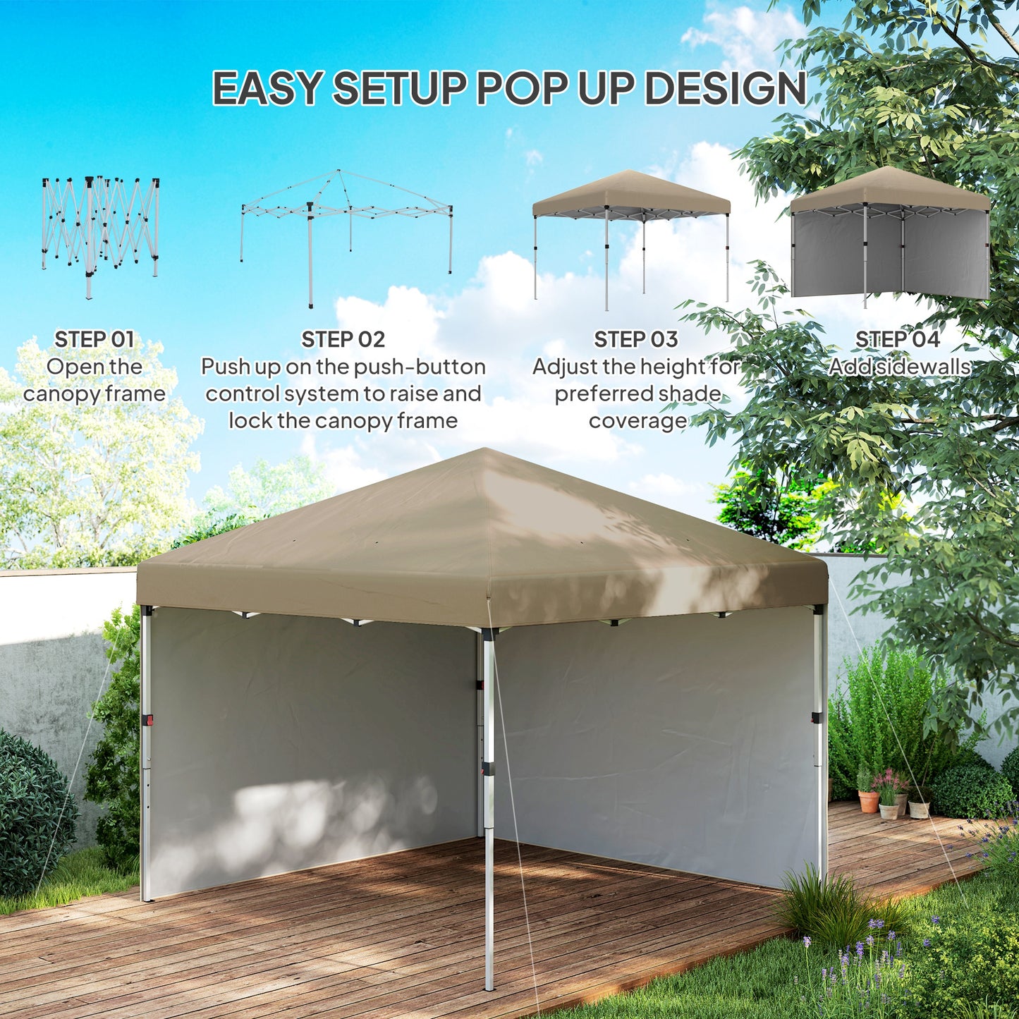 Outsunny 3 x 3 (M) Pop Up Altana, UPF 30+ z 2 ścianami bocznymi, workami na ciężarki na nogi i torbą na kółkach, namiot imprezowy z regulacją wysokości, schronienie na imprezy do ogrodu, na patio, khaki