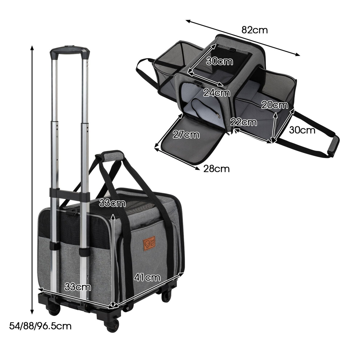 Rolling Cat Carrier with Wheels and Telescopic Handle-Grey