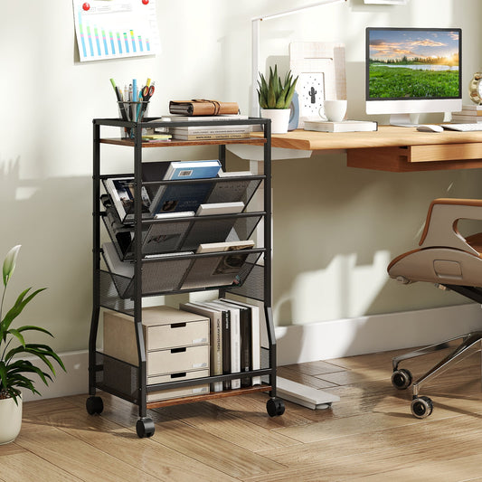 Rolling File Utility Cart with 3 Slanted Side Shelves and Lockable Wheels-Rustic Brown