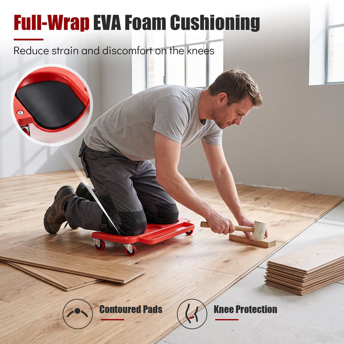 Rolling Knee Creeper with 360° Swivel Casters-Red