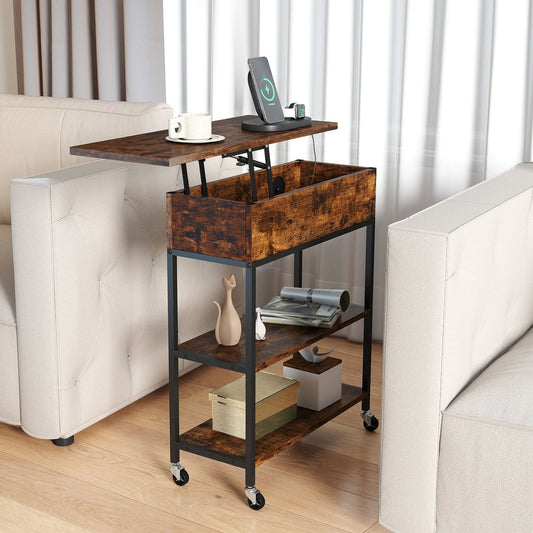 Rolling Lift Top End Table with Charging Station & Hidden Compartment for Living Room-Rustic Brown