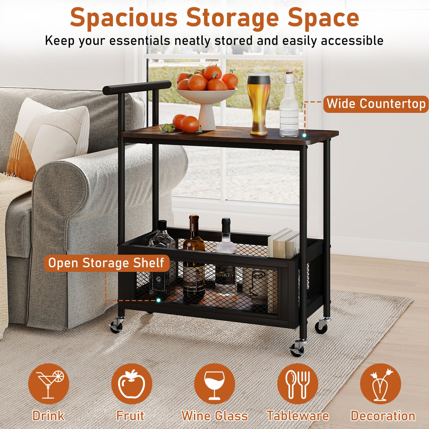 Rolling End Table with Handle 2-Tier Sofa Side Table with Open Shelf-Rustic Brown