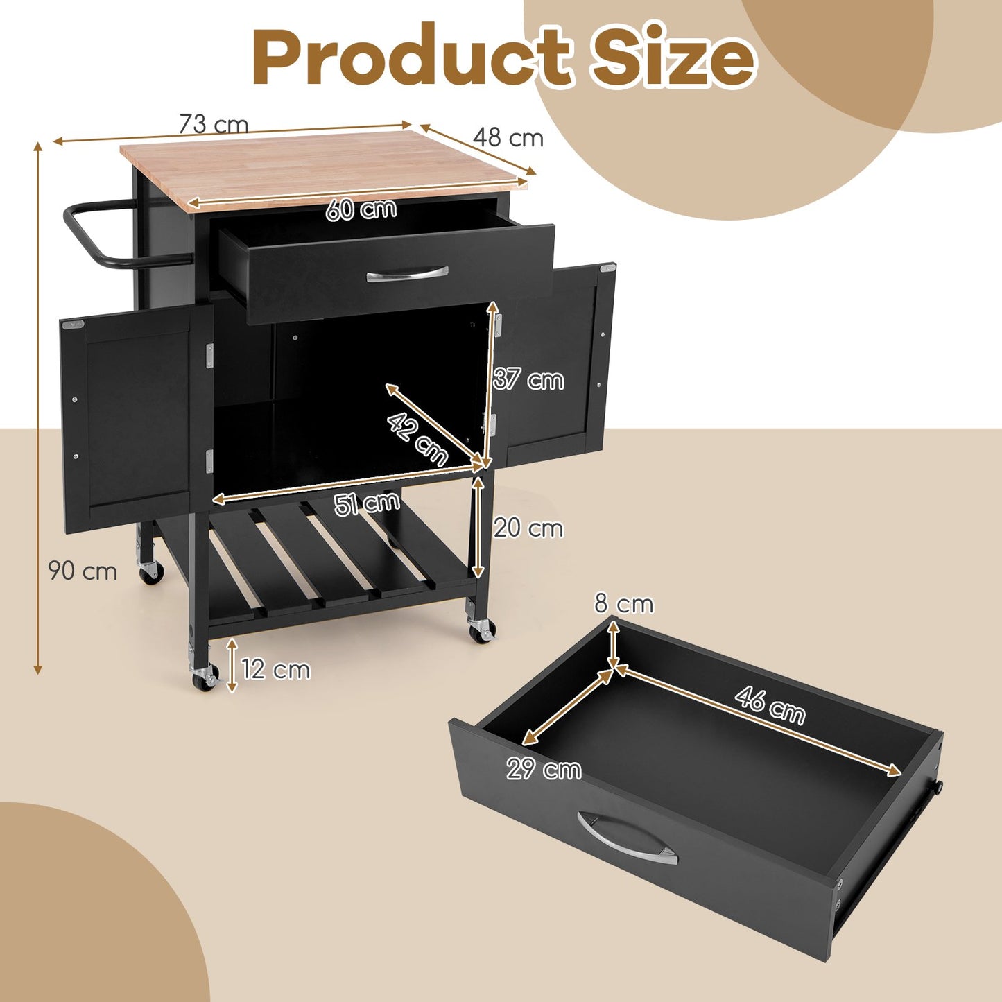 Rolling Kitchen Island Cart with Drawer and 2-Door Storage Cabinet-Black