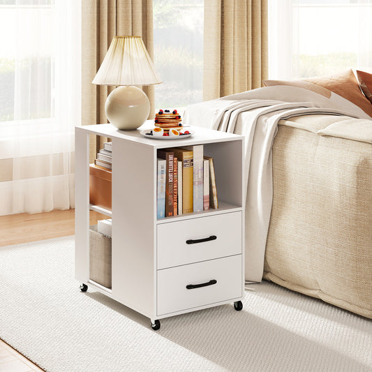 Rolling Nightstand with Storage Drawers and Shelves for Bedroom-White