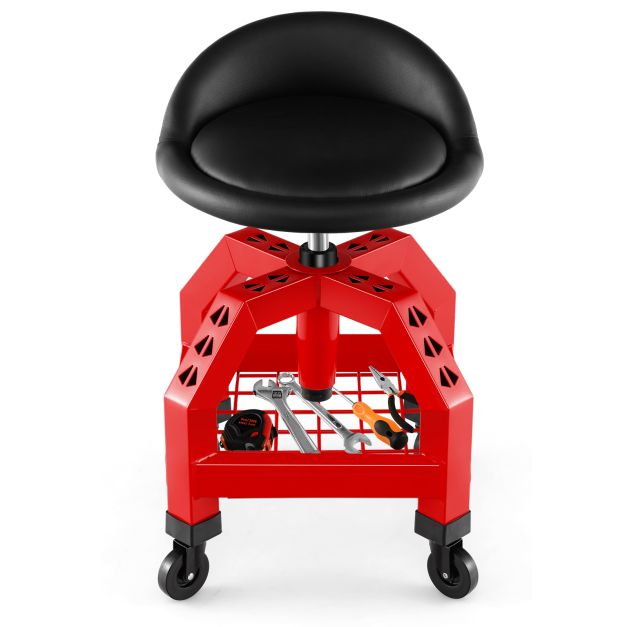 Rolling Seat Mechanic Stool Chair Height Adjustable with Tool Tray-Red