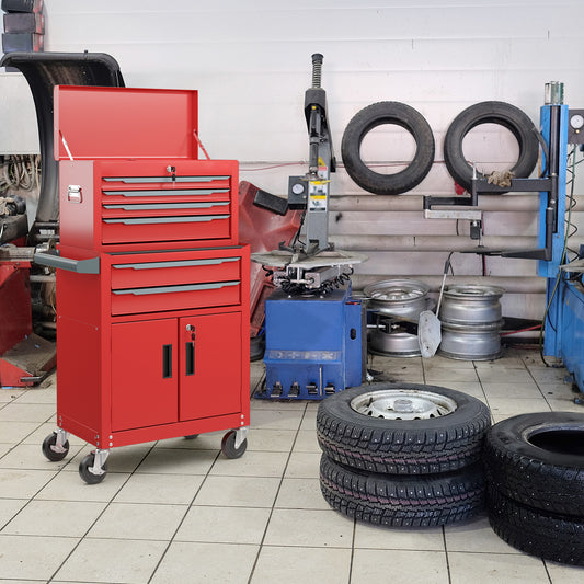 6-Drawer Rolling Tool Chest with Universal Wheels and Hooks-Red-S