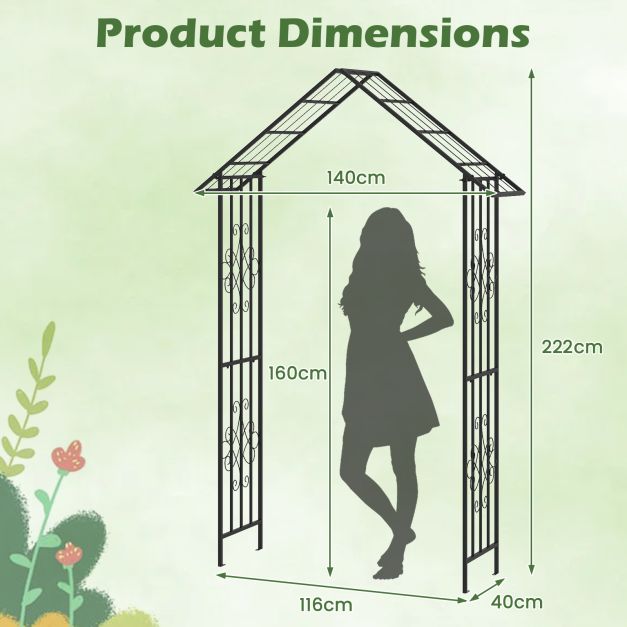 Roof-shaped Top Garden Arbor Garden Trellis Pergola with Side Crossbars-Black