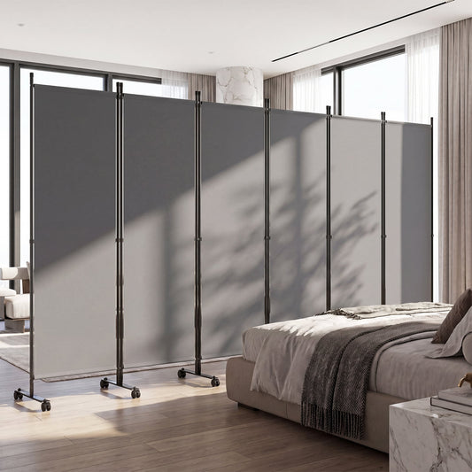 Room Divider 6-Panel Folding Privacy Screen with Lockable Rolling Wheels-Grey