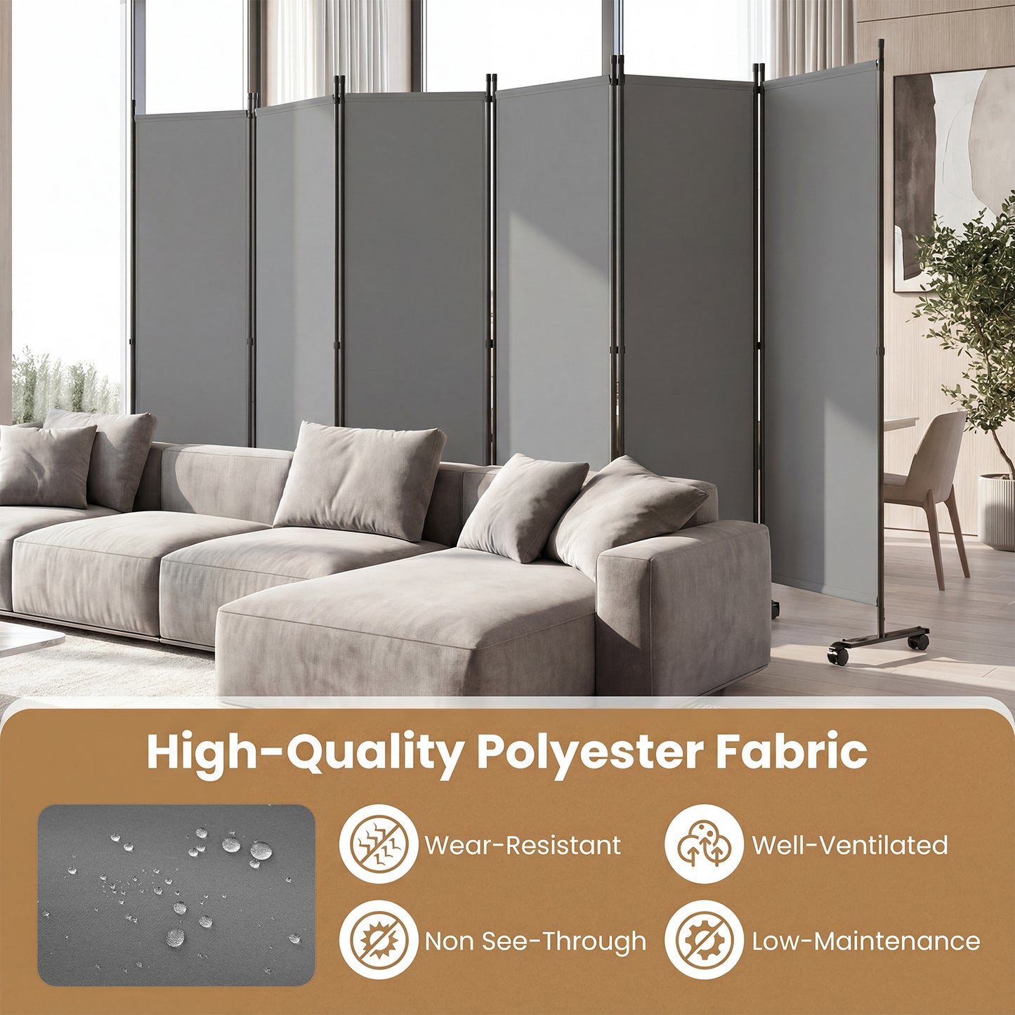 Room Divider 6-Panel Folding Privacy Screen with Lockable Rolling Wheels-Grey