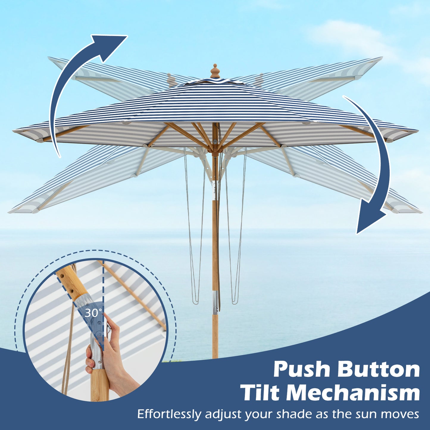 Round Patio Umbrella Bamboo Market Table Umbrella with Push Button Tilt-Blue
