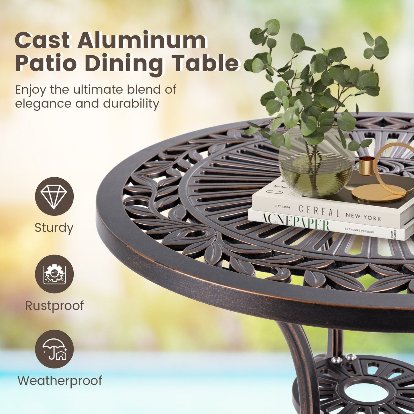61 cm Round Cast Aluminum Table with 5 cm Umbrella Hole-Copper