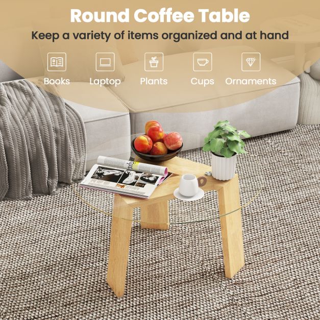 Round Coffee Table with Rubber Wood Tripod Support Frame-Natural