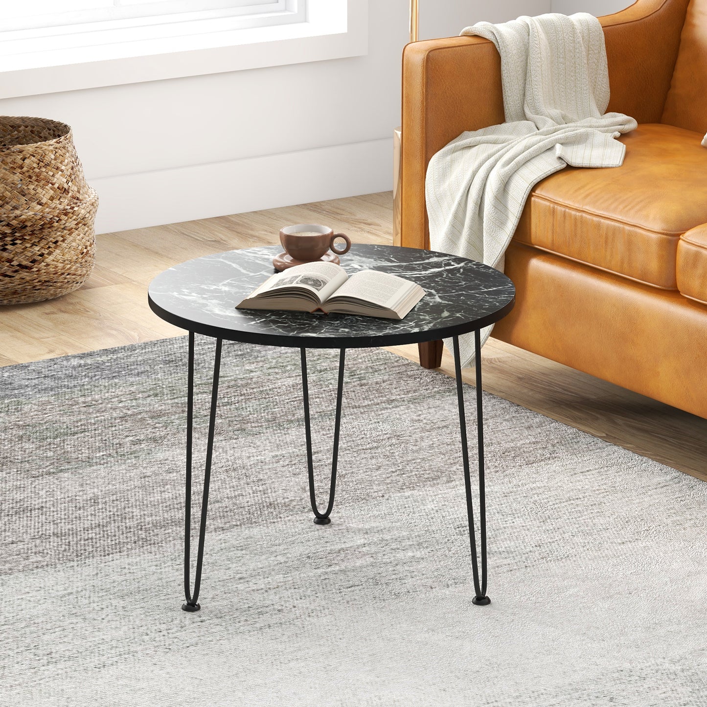 Round Coffee Table Small Faux Marble Accent Table with Thickened Tabletop and Metal Tripod Legs-Black