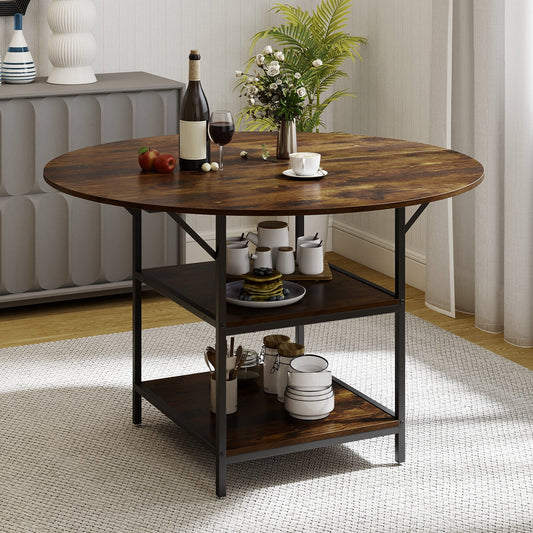 120 CM Round Dining Table with 2-Tier Storage Shelf and Heavy-duty Metal Frame-Black & Brown