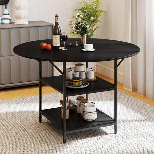 120 CM Round Dining Table with 2-Tier Storage Shelf and Heavy-duty Metal Frame-Black