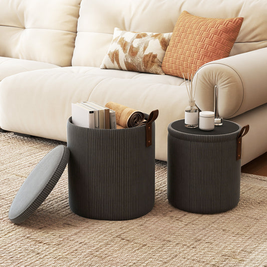 Round Ottoman with Storage Set of 2 with Removable Lids and Padded Seats-Grey
