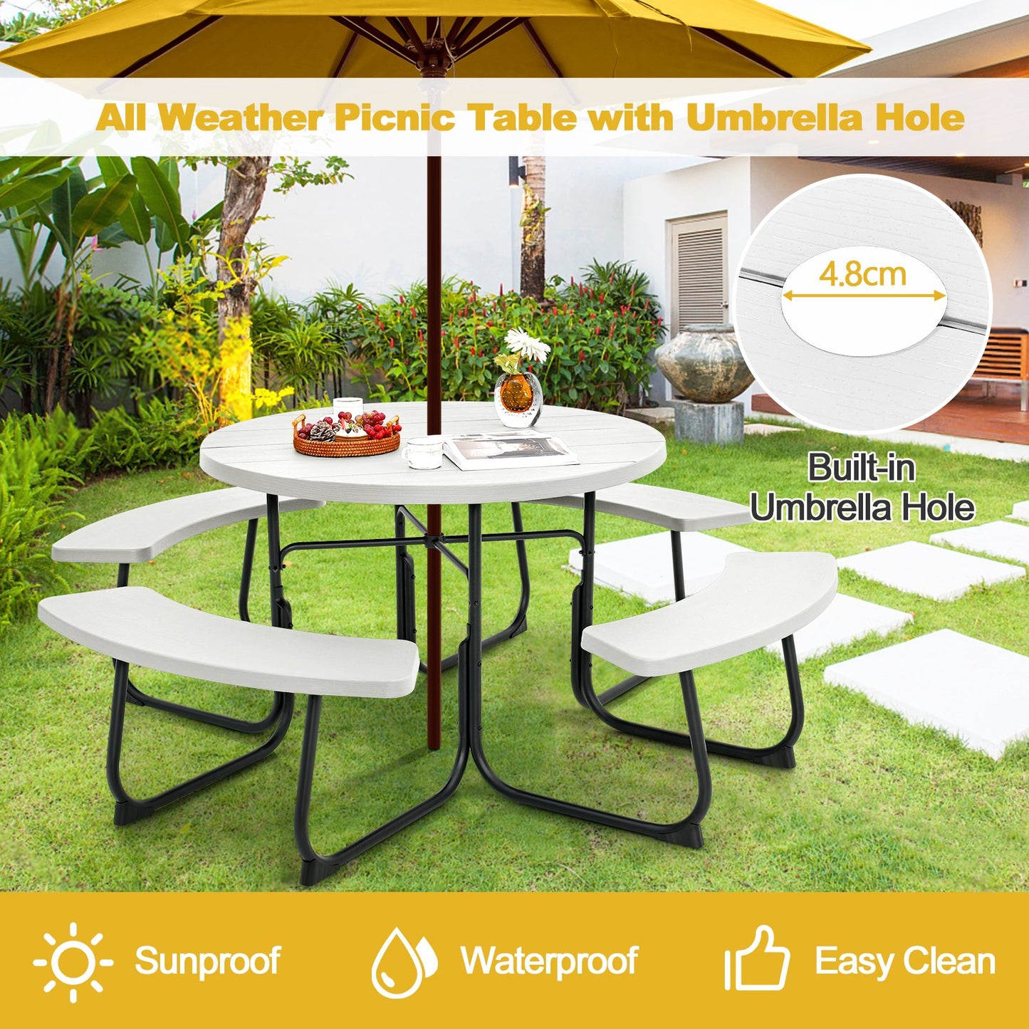 8-person Round Picnic Table Bench Set with 4 Benches and Umbrella Hole-White