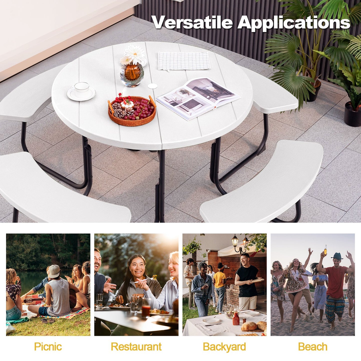 8-person Round Picnic Table Bench Set with 4 Benches and Umbrella Hole-White