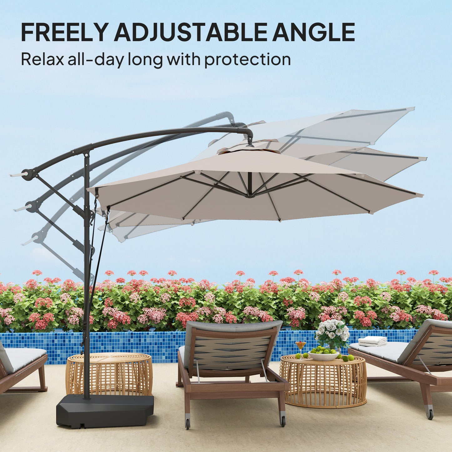 Outsunny 3(m) Parasol ogrodowy z wysięgnikiem i podstawą do napełniania do 90 kg, pasek chroniący przed wiatrem, pokrowiec, okrągły parasol wiszący typu banan z korbką i funkcją pochylania, parasol tarasowy UPF50+, kremowy