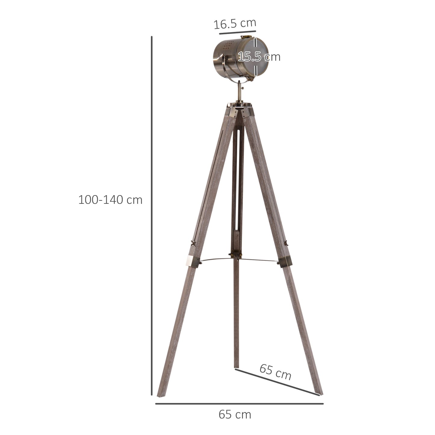 HOMCOM Industrialna lampa podłogowa na trójnogu, marynistyczny reflektor z regulowaną wysokością, drewniane nogi, podstawa lampy E14 do salonu, sypialni, szara i brązowa
