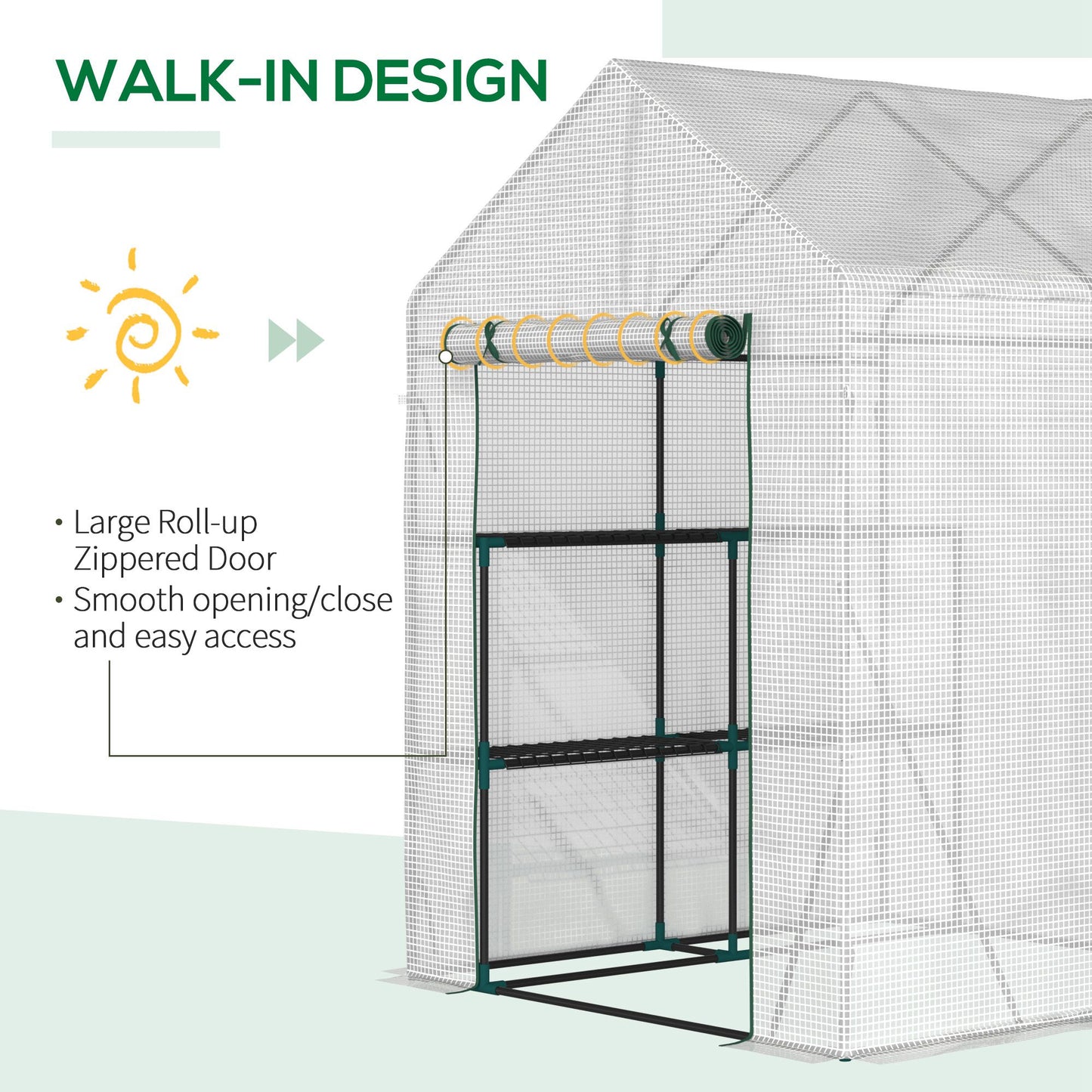 Outsunny Walk In Greenhouse z 2-poziomową półką, przenośna szklarnia do uprawy roślin, pomidorowa szklarnia z rolowanymi drzwiami z zamkiem błyskawicznym, wzmocniona osłona z PE, 143 x 143 x 195 cm, zielona