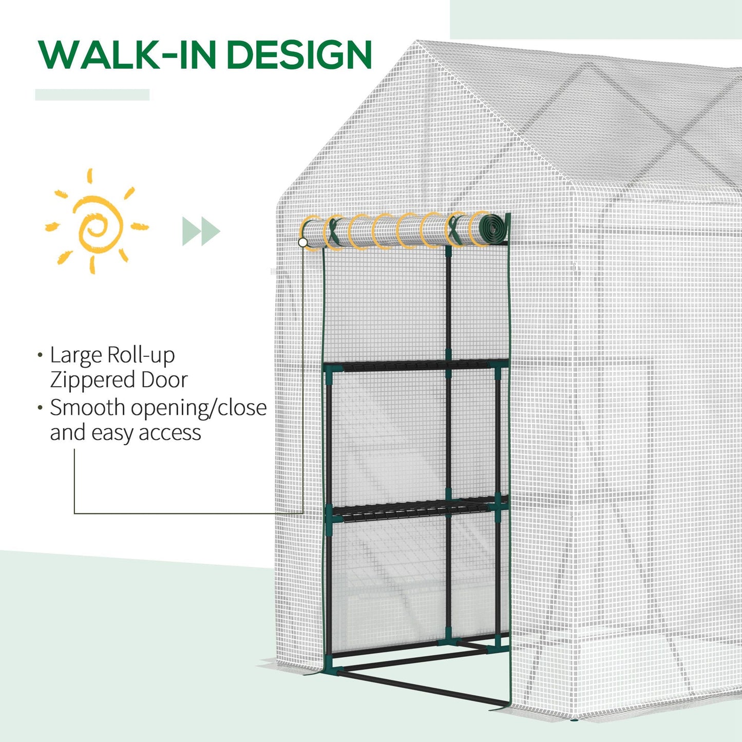 Outsunny Walk In Greenhouse with 2 Tier Shelf, Portable Gardening Plant Grow House Tomato Greenhouse with Roll up Zip Panel Door, Reinforced PE Cover, 143 x 143 x 195cm, Green
