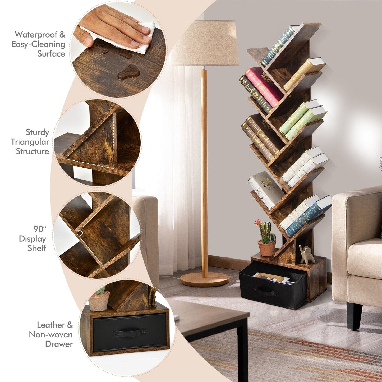 10-Tier Freestanding Tree Bookshelf with Drawer-Rustic Brown