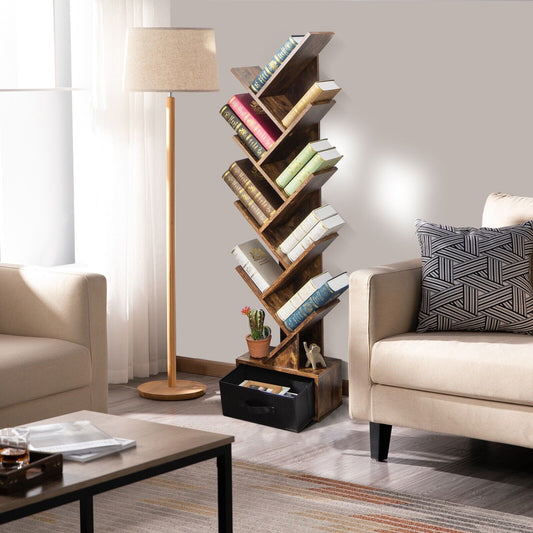 10-Tier Freestanding Tree Bookshelf with Drawer-Rustic Brown