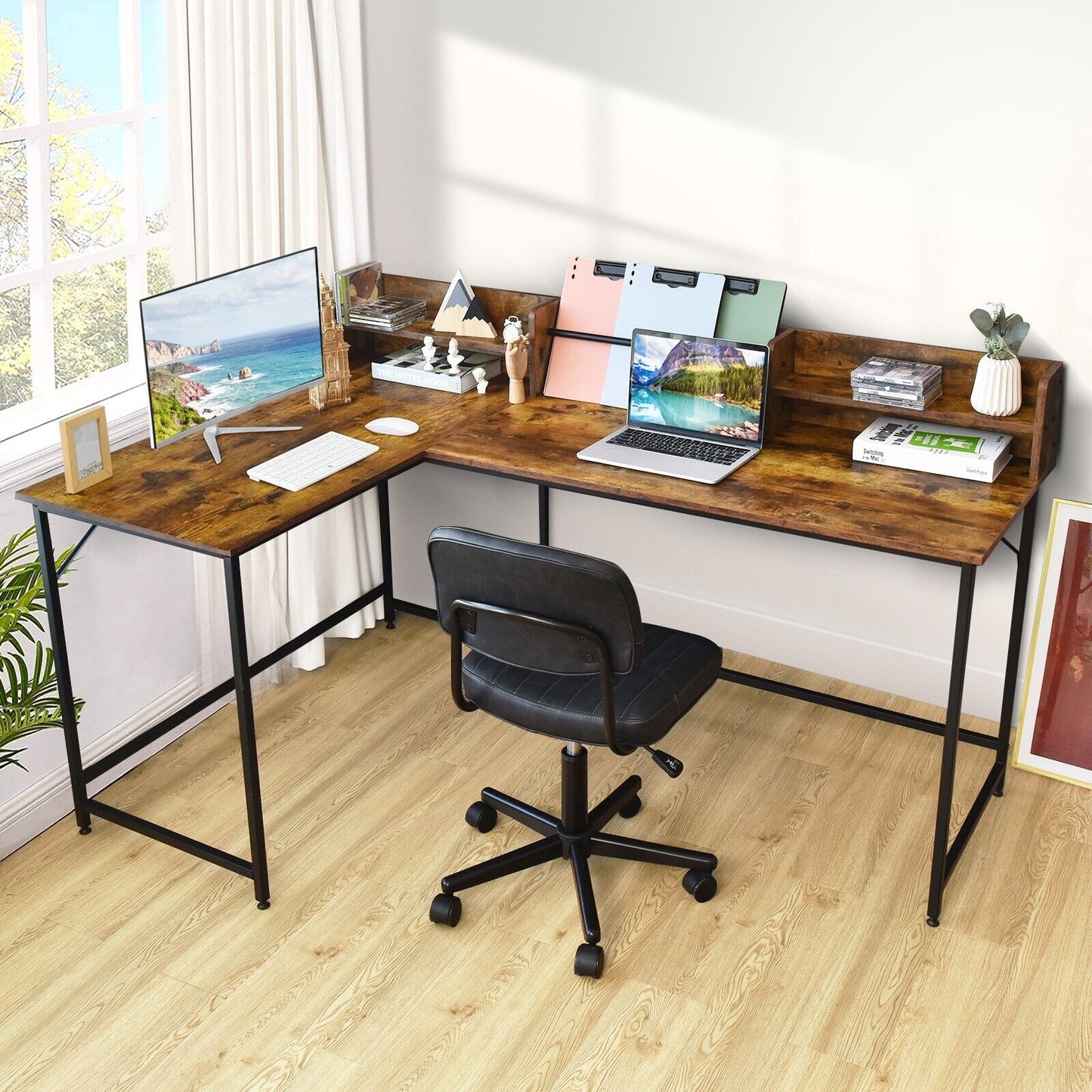 Industrial L-Shaped Corner Computer Desk-Rustic Brown