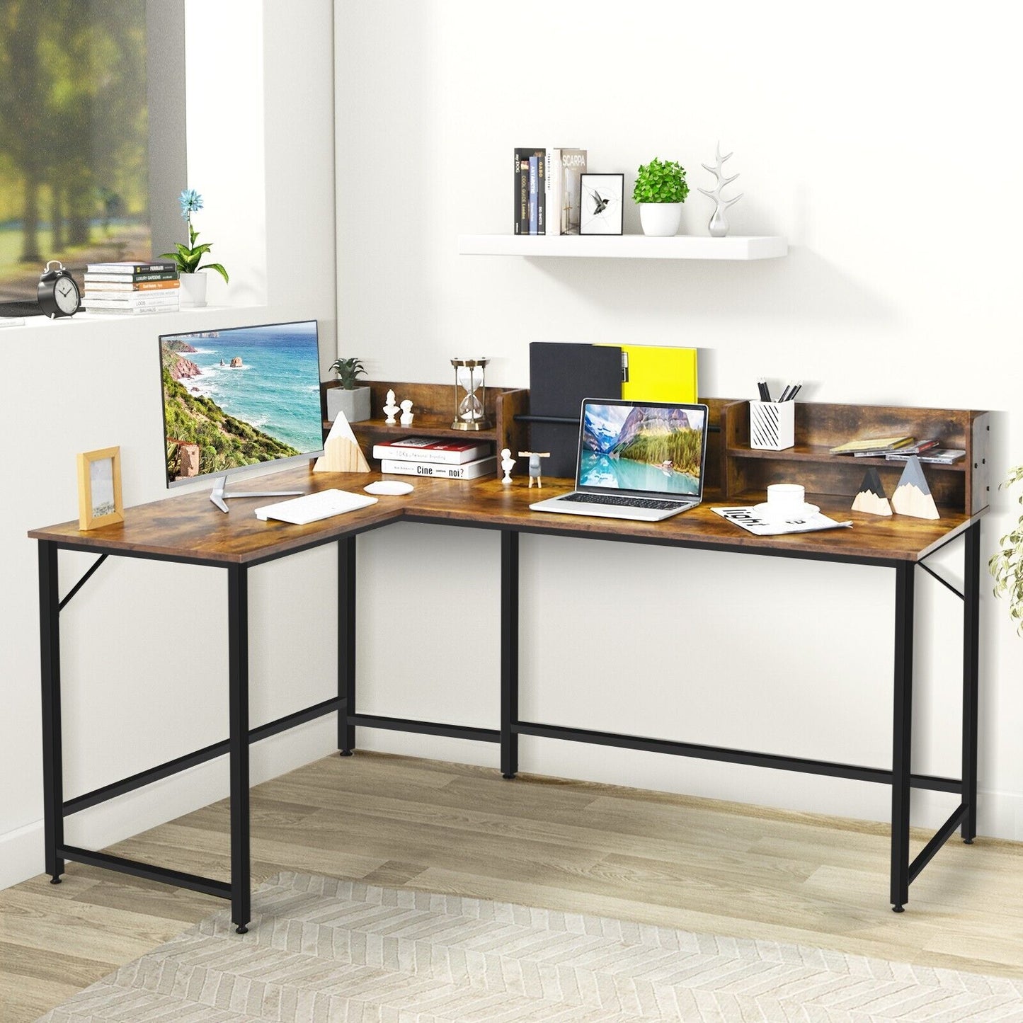 Industrial L-Shaped Corner Computer Desk-Rustic Brown