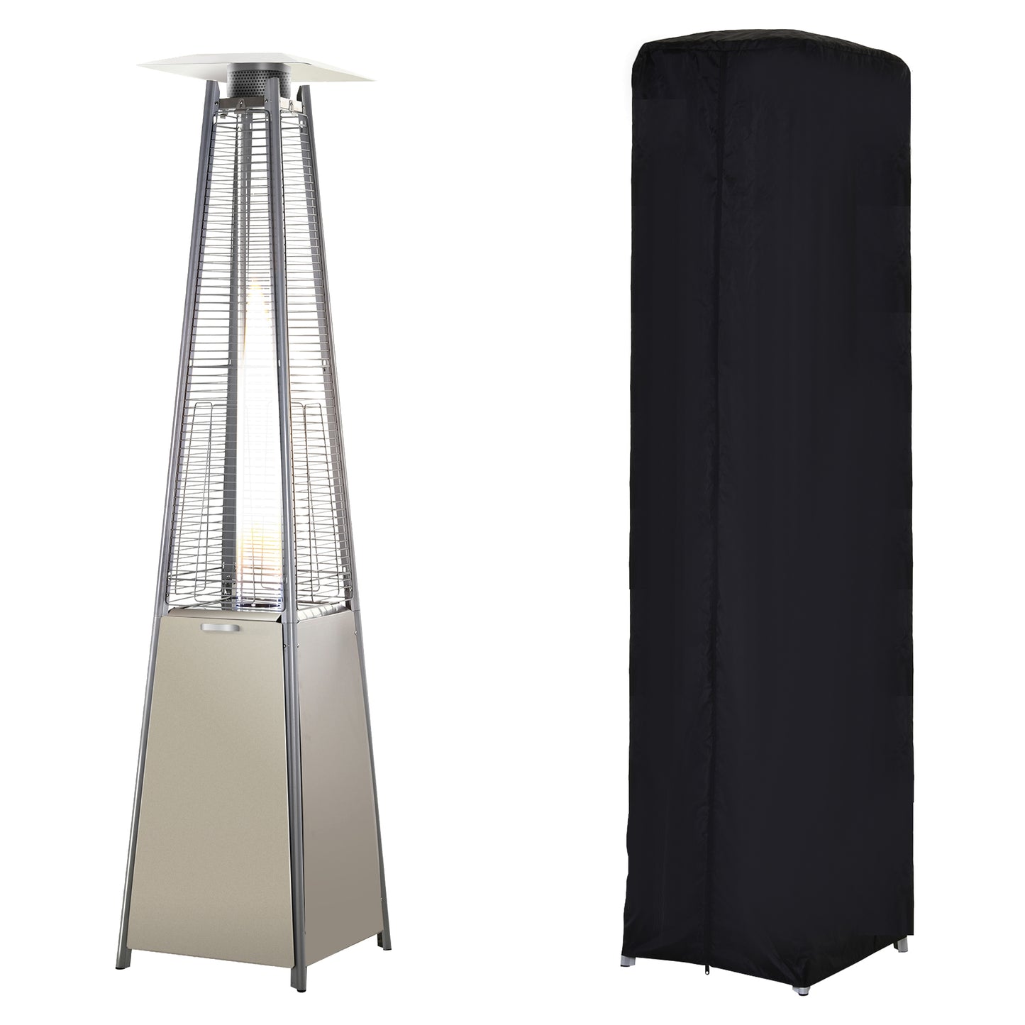 Outsunny Stal nierdzewna Outdoor Garden Pyramid Patio Heater z kółkami i osłoną przeciwdeszczową - srebrny