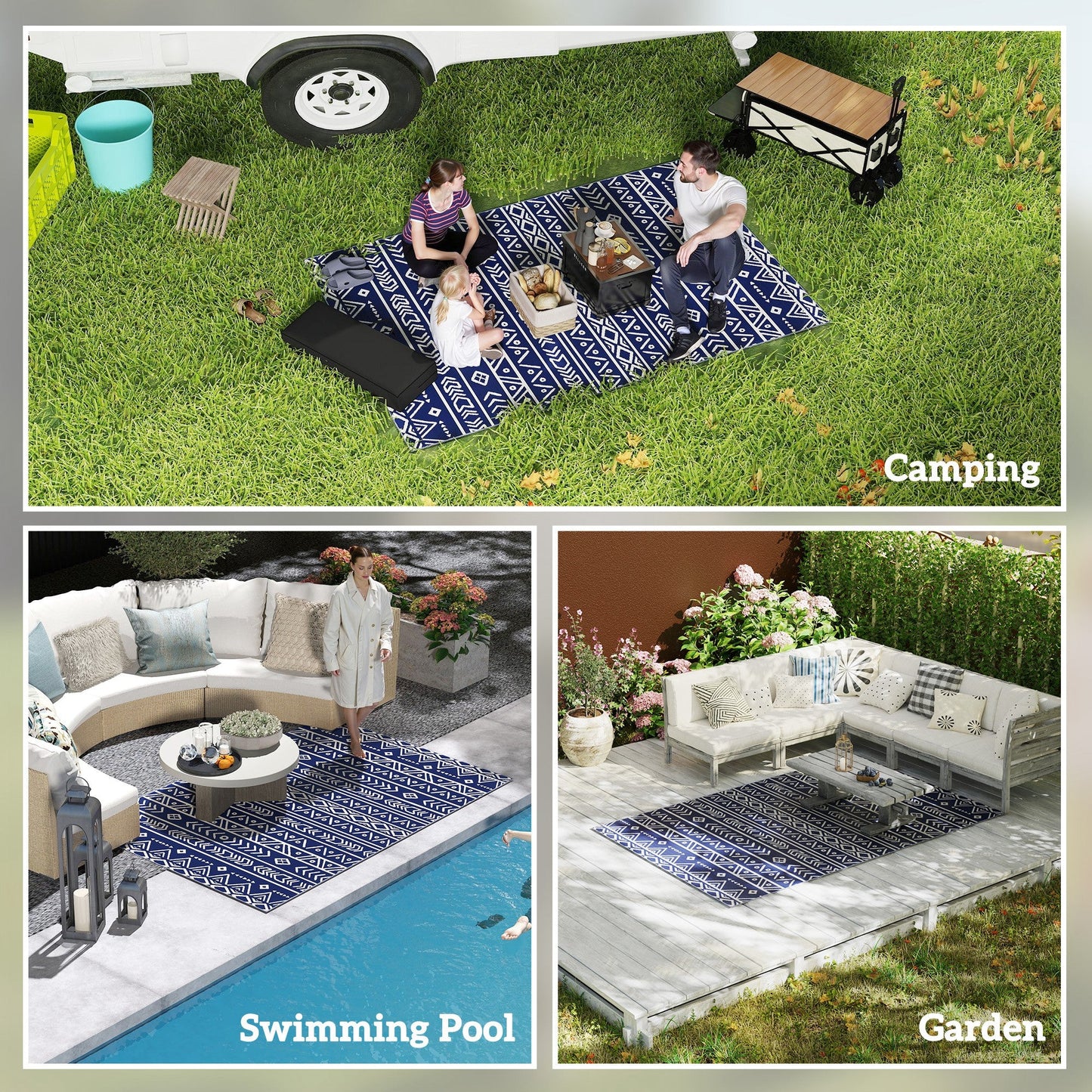 Outsunny Reversible Outdoor Rug z torbą transportową, wodoodporna plastikowa mata słomiana do ogrodu, na taras, do kampera, na piknik, na plażę, na kemping, 182 x 274 cm, granatowo-biały