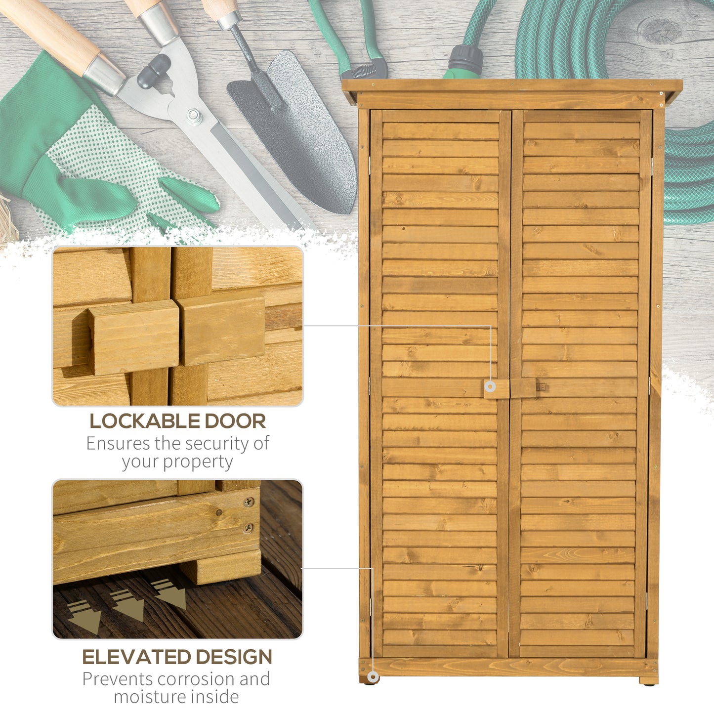 Outsunny Drewniany schowek ogrodowy, kompaktowy moduł użytkowy, 3-poziomowy organizer na narzędzia z dachem asfaltowym i konstrukcją okiennicy, 87 cm x 47 cm x 160 cm