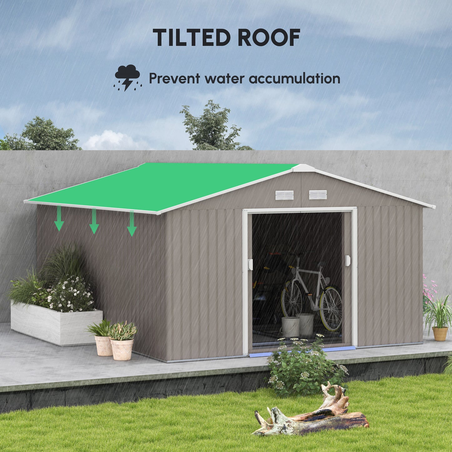 Outsunny 13 x 11ft Garden Metal Storage Shed Outdoor Storage Shed with Foundation Kit Ventilation & Doors, Light Grey